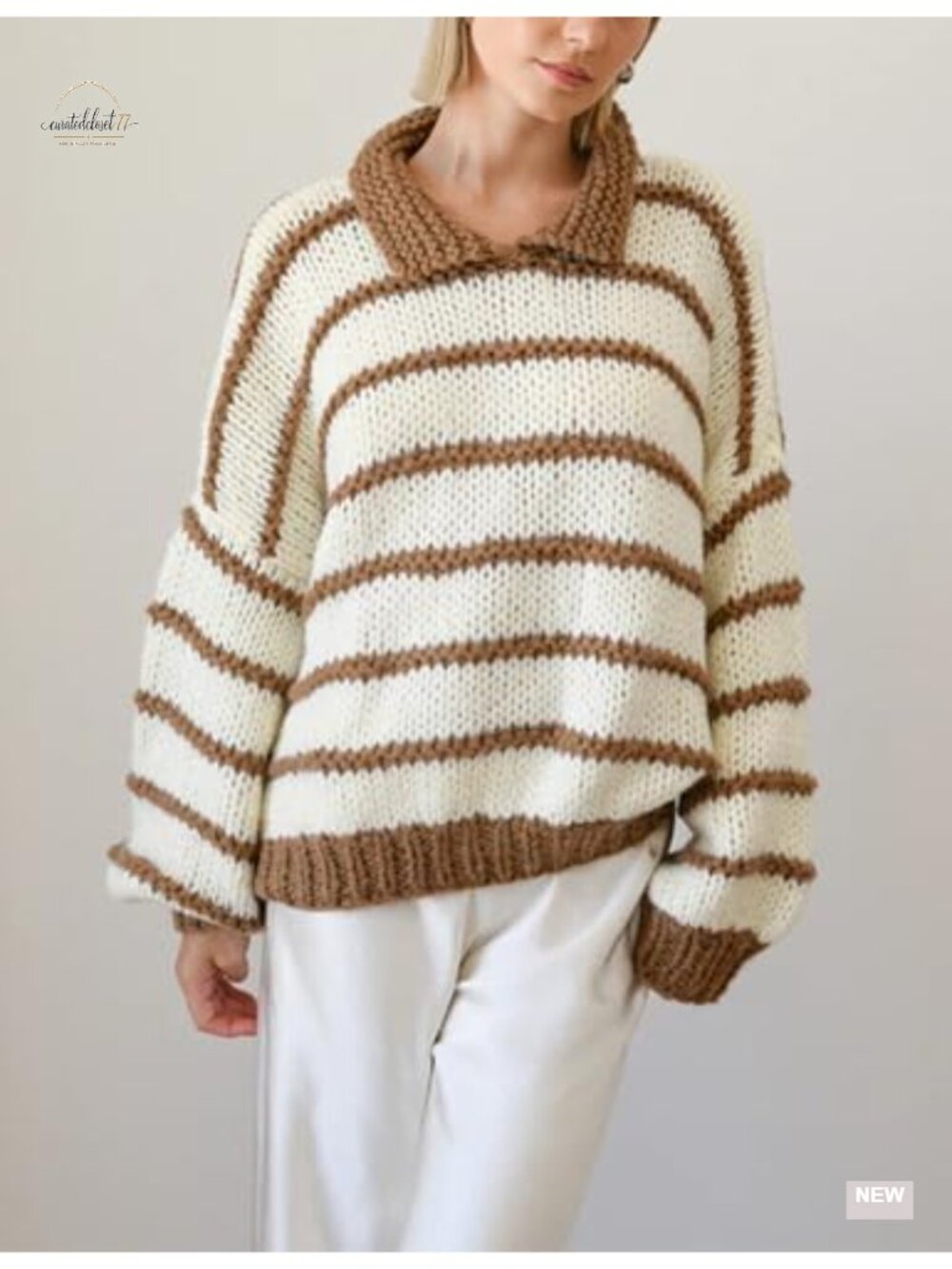 Oversized Striped Knit Pullover Sweater Crewneck Long Balloon Sleeve - Picture 2 of 6